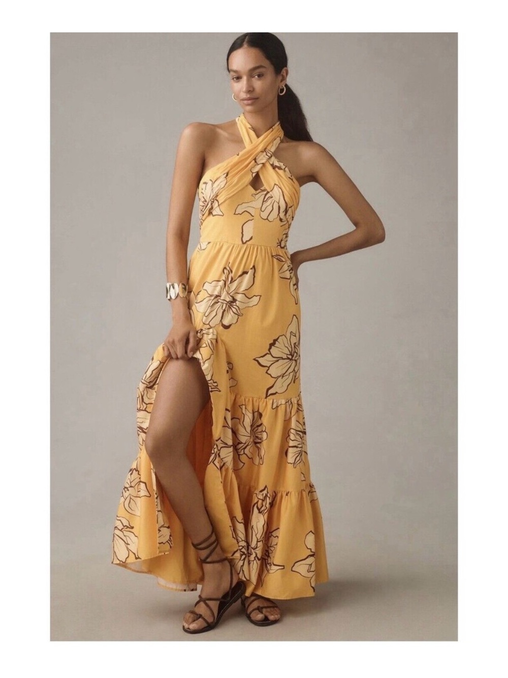 Hutch Floral Yellow And Brown Long Anthropologie Dress Size 8